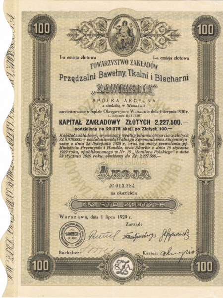 I-a emisja złotowa akcji na 100 zł Towarzysto Zakładów Przędzalni Bawełny, Tkalni i Blecharni 1929 r.